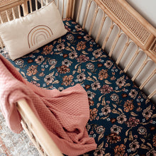 Load image into Gallery viewer, Snuggle Hunny Kids Belle Fitted Cot Sheet shown on a cot bed with throw and pillow on top