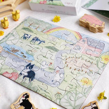 Load image into Gallery viewer, kids 36 piece farm yard puzzle completed laying on table with wooden blocks and animal figurines