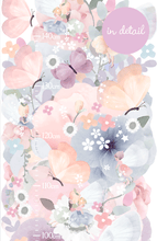 Load image into Gallery viewer, close up view of floral fairy garden wall decal growth chart with details on fairies and butterflies