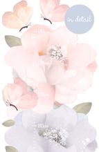 Load image into Gallery viewer, close up view of pink and blue floral wall decal height chart with butterlies.