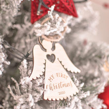 Load image into Gallery viewer, wooden handmade angel shaped tree ornament personalised with date and the words My first christmas