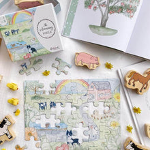 Load image into Gallery viewer, kids 36 piece puzzle farm yard with wooden blocks and books sitting on table