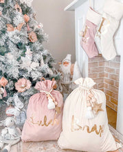 Load image into Gallery viewer, Personalised Velvet Santa sack WITH METALLIC STAR GARLAND