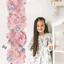 Load image into Gallery viewer, girl standing next to pink and purple peonies and butterflies wall decal height chart