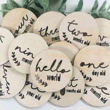 Load image into Gallery viewer, Babies first year milestone discs timber round discs etched