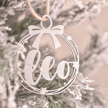 Load image into Gallery viewer, round silver personalised christmas bauble hanging on tree