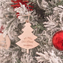 Load image into Gallery viewer, wooden tree shaped christmas ornament personalised with name and date