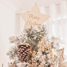 Load image into Gallery viewer, timber star tree topper on top of flocked christmas tree