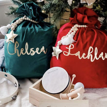 Load image into Gallery viewer, Personalised Velvet Santa sack WITH METALLIC STAR GARLAND