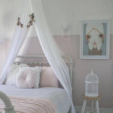 Load image into Gallery viewer, white drape canopy sitting above double bed with pink and white bedding in teen girl bedroom