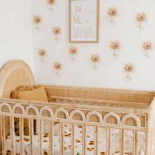 Load image into Gallery viewer, Snuggle Hunny Kids Sunflower Fitted Cot Sheet shown on a cot bed with throw , soft lamb toy and tassel cushion on top and you are my sunshine poster on wall