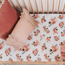 Load image into Gallery viewer, Snuggle Hunny Kids Rosebud Fitted Cot Sheet shown on a cot bed with throw and pillows on top