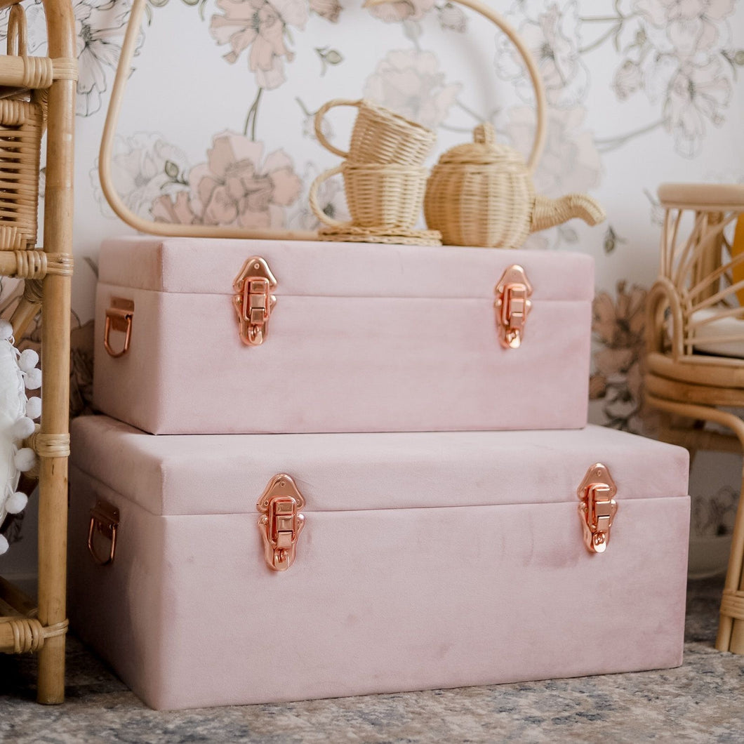 set of two dusty pink velvet storage cases with rose gold handles 