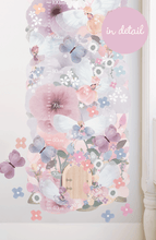Load image into Gallery viewer, fairy garden floral pink and purple wall sticker height chart with butterlies, fairies and fairy door details