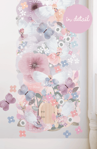 fairy garden floral pink and purple wall sticker height chart with butterlies, fairies and fairy door details