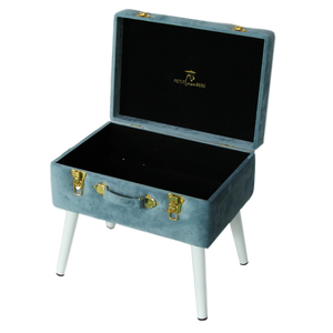 Storage stool luxe velvet - Steel blue and gold