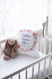Personalised baby birth details cushion - floral wearth