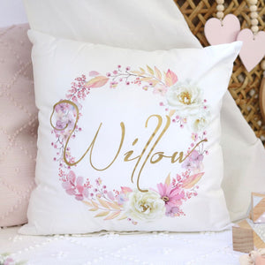 Personalised Baby name cushion -  floral wreath