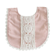 Load image into Gallery viewer, Alimrose pink linen bib for babies with crochet /lace middle