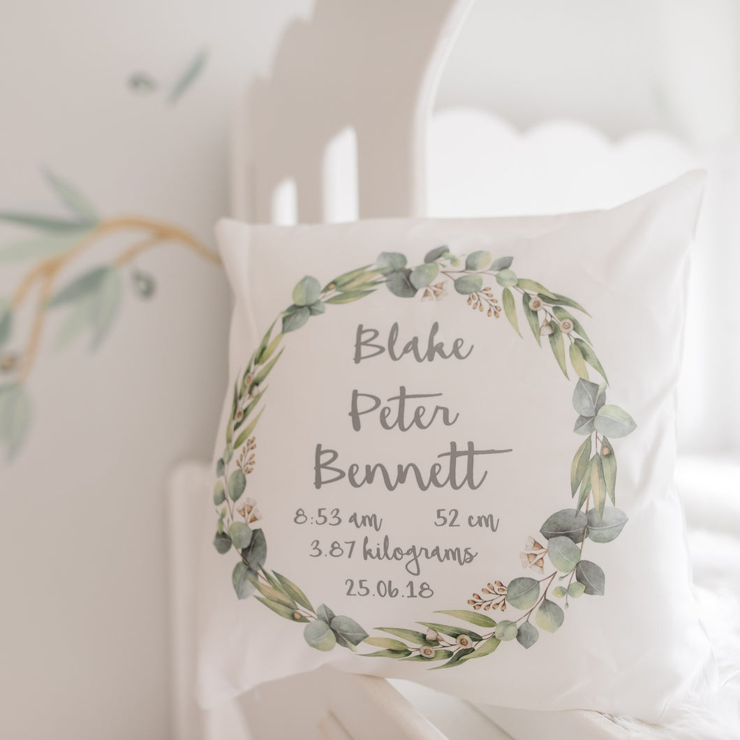 Personalised Baby birth details cushion -  Botanical wreath