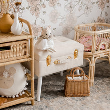 Load image into Gallery viewer, girls bedroom with bone storage stool sitting between dolls bed and wicker shelf