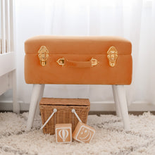 Load image into Gallery viewer, terracotta storage stool in nursery with wicker basket and wooden blocks in front on the floor