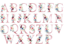 Load image into Gallery viewer, All the letters of the alphabet in capitals written in pink font with a variety of colourful florals 