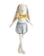 Load image into Gallery viewer, linen bunny rabbit with grey linen shorts and mustard colour bow tie