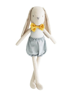 linen bunny rabbit with grey linen shorts and mustard colour bow tie