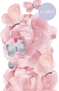 close up of pink peonie and purple butterfly wall decal height chart