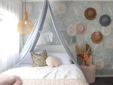 Load image into Gallery viewer, double bed in girls room with grey drape canopy hanging above bed