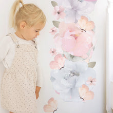 Load image into Gallery viewer, blonde girl looking at pink and blue floral wall decal height chart