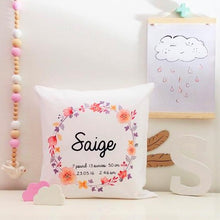 Load image into Gallery viewer, Personalised baby birth details cushion - floral wearth