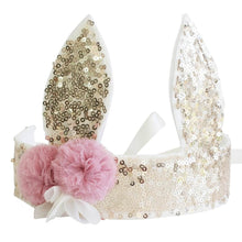 Load image into Gallery viewer, gold sequin bunny rabbit easter fabric crown with two pink tulle flowers and satin ribbon