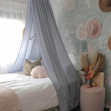Load image into Gallery viewer, grey drape canopy hanging above double bed in girls bedroom