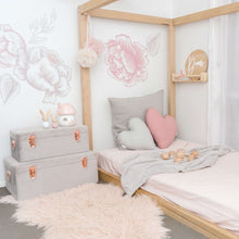 Load image into Gallery viewer, picture of light grey velvet storage cases in girls bedroom