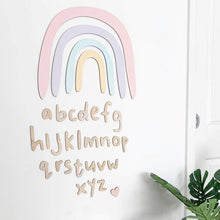 Load image into Gallery viewer, timber alphabet and wooden rainbow on white wall