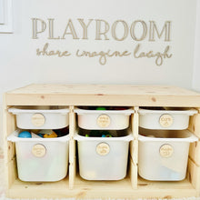 Load image into Gallery viewer, play room toy storage timber box with plastic tubs and timber toy labels
