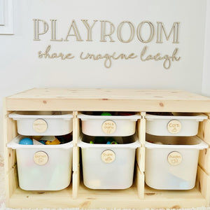 play room toy storage timber box with plastic tubs and timber toy labels