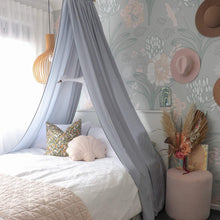 Load image into Gallery viewer, modern girls bedroom with grey canopy above white double bed and blue and pink decor