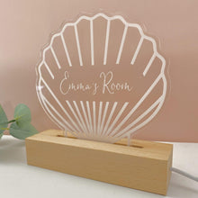 Load image into Gallery viewer, personalised shell night light with wooden base sitting on white table