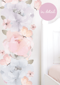pink and blue floral bows and roses wall decals on bedroom wall