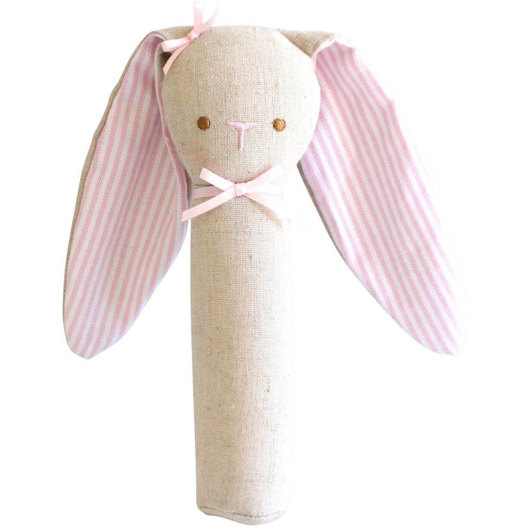 pink linen easter bunny rattle with pink and white striped ears and embroided face