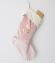 Load image into Gallery viewer, Blush pink velvet christmas stocking personalised with the letter S in rose gold metallic font