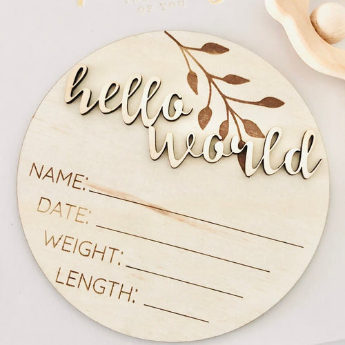 Hello world newborn baby timber birth announcement disc
