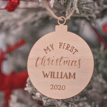 Load image into Gallery viewer, round wooden christmas tree ornament hanging on the christmas tree with the words My first christmas William 2020