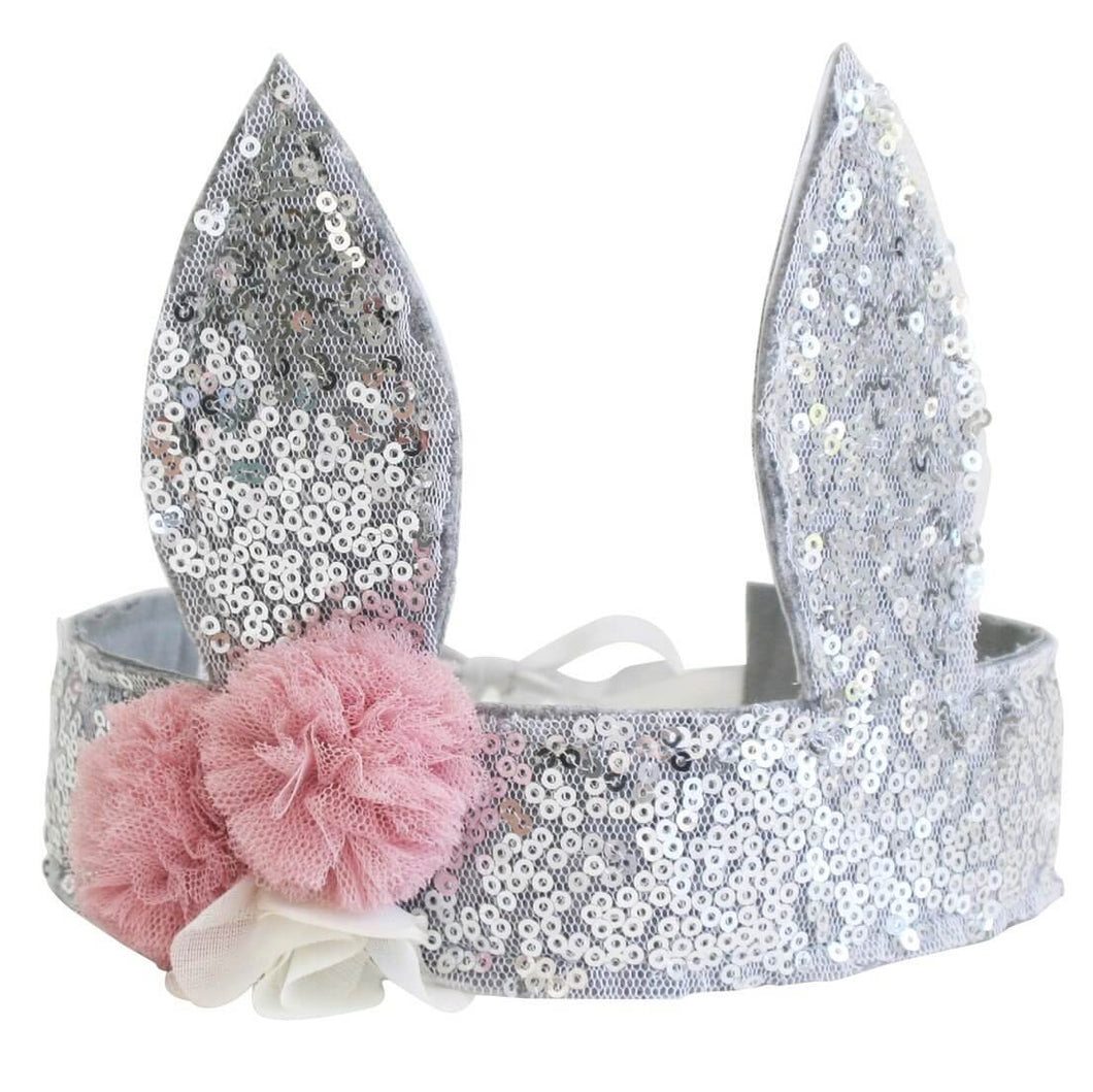 silver sequin bunny crown with soft pink tulle flowers and ivory ribbons